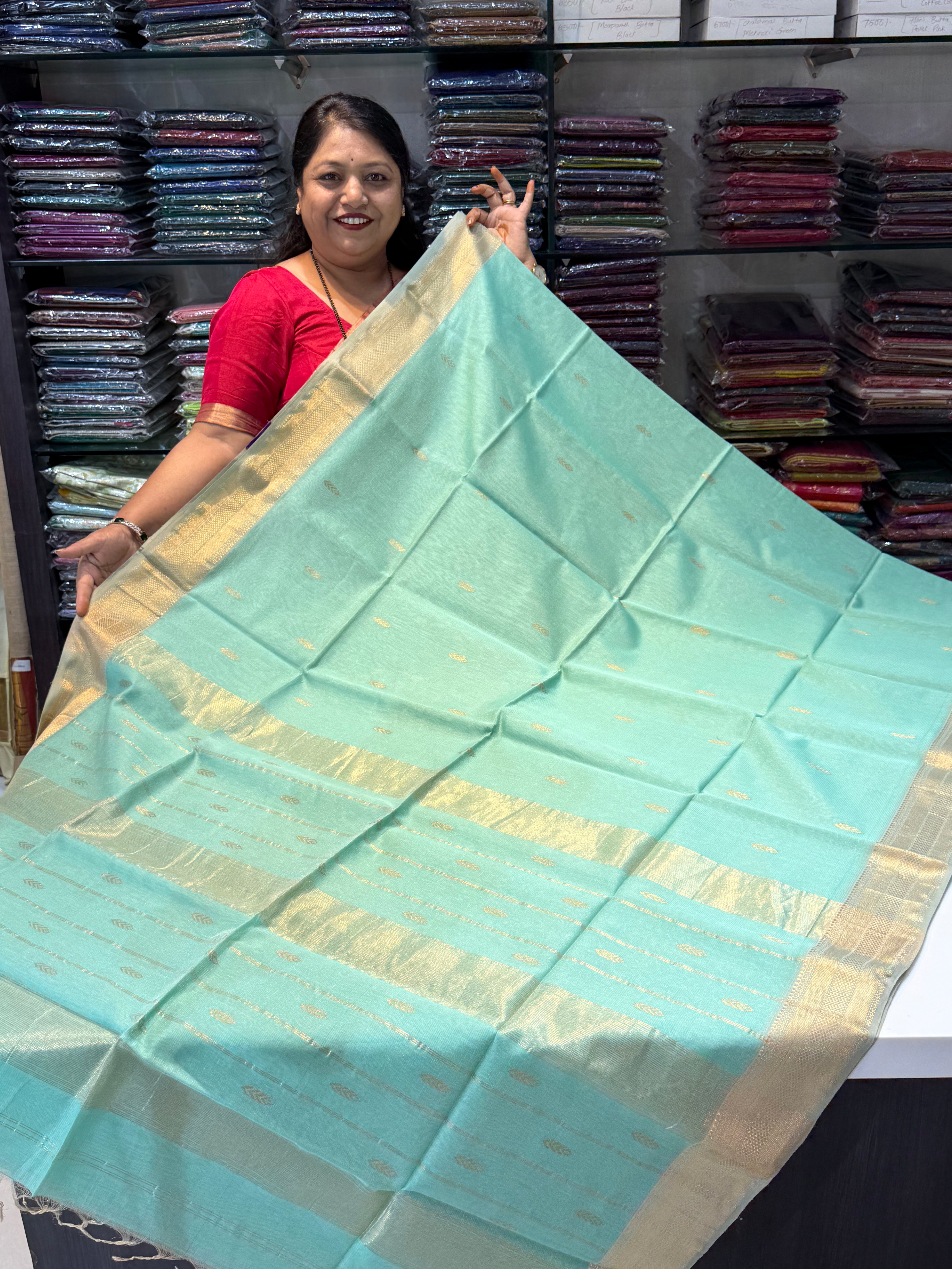 Tissue Maheshwari Saree with Zari & Silk Tilak Butta