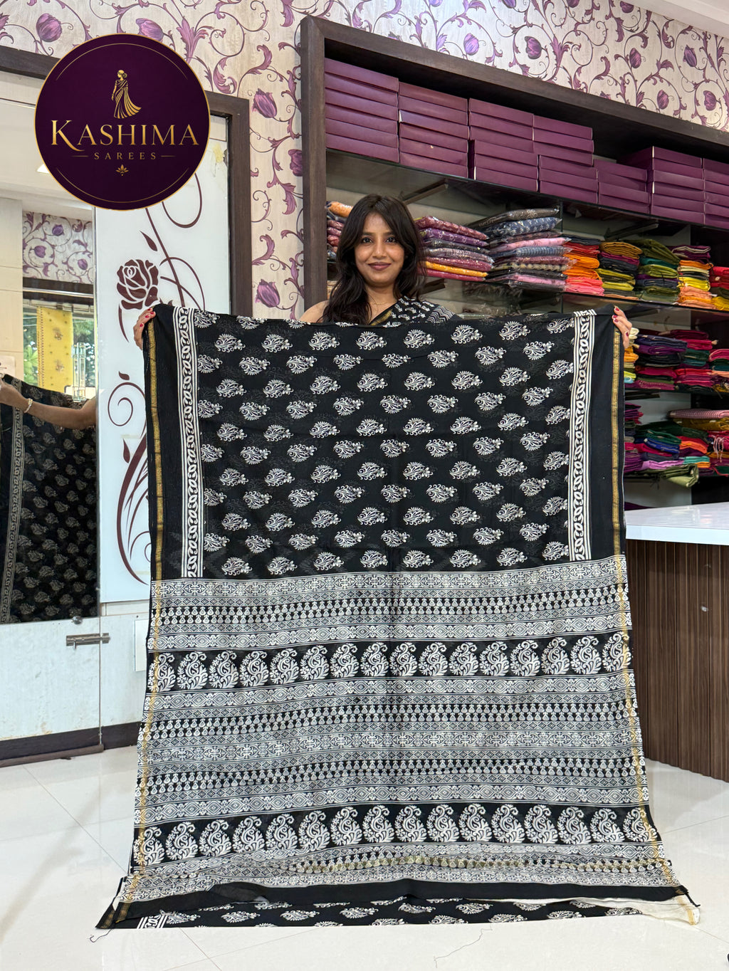 Black & White Hand Block Print Saree