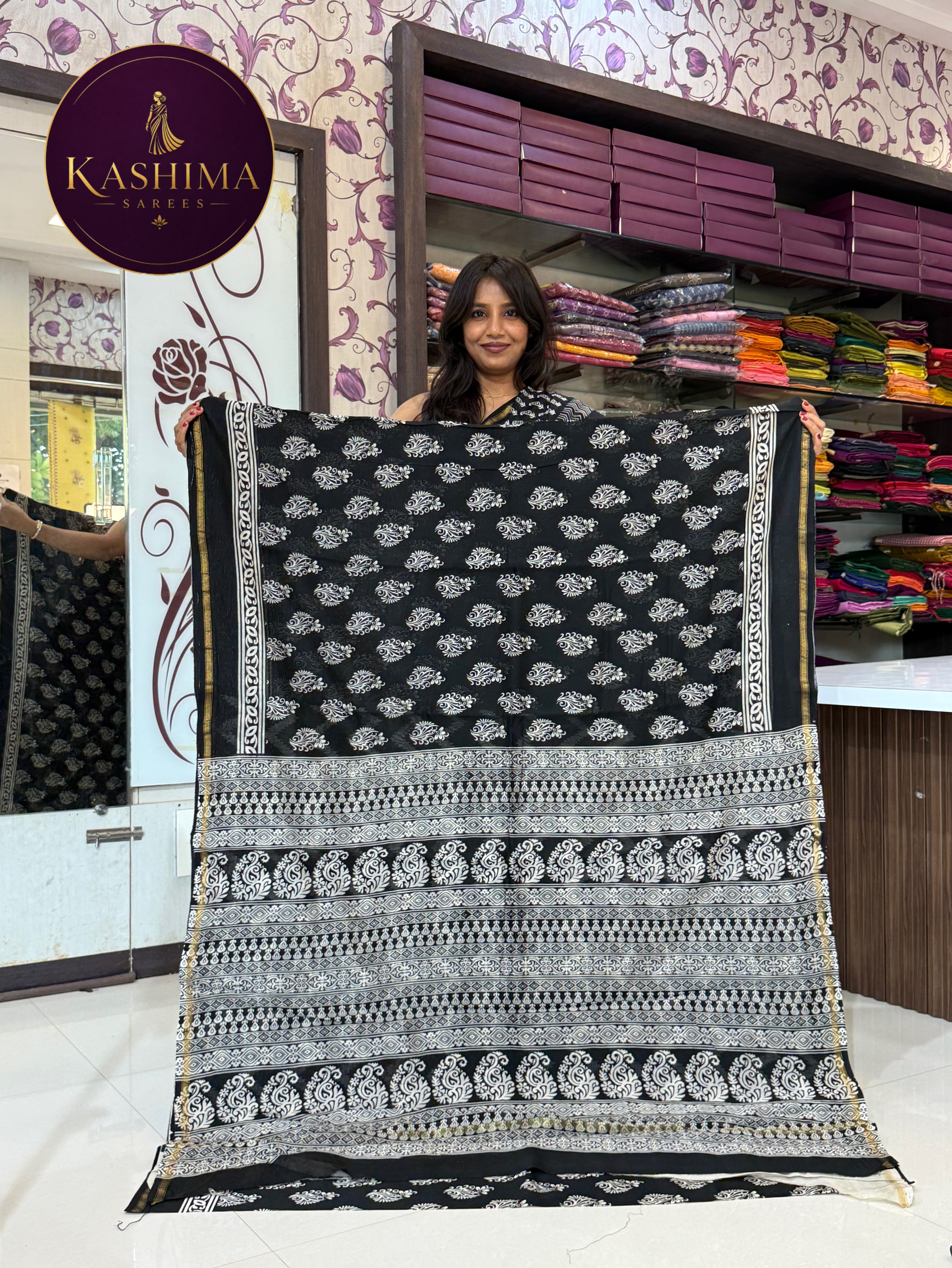 Black & White Hand Block Print Saree