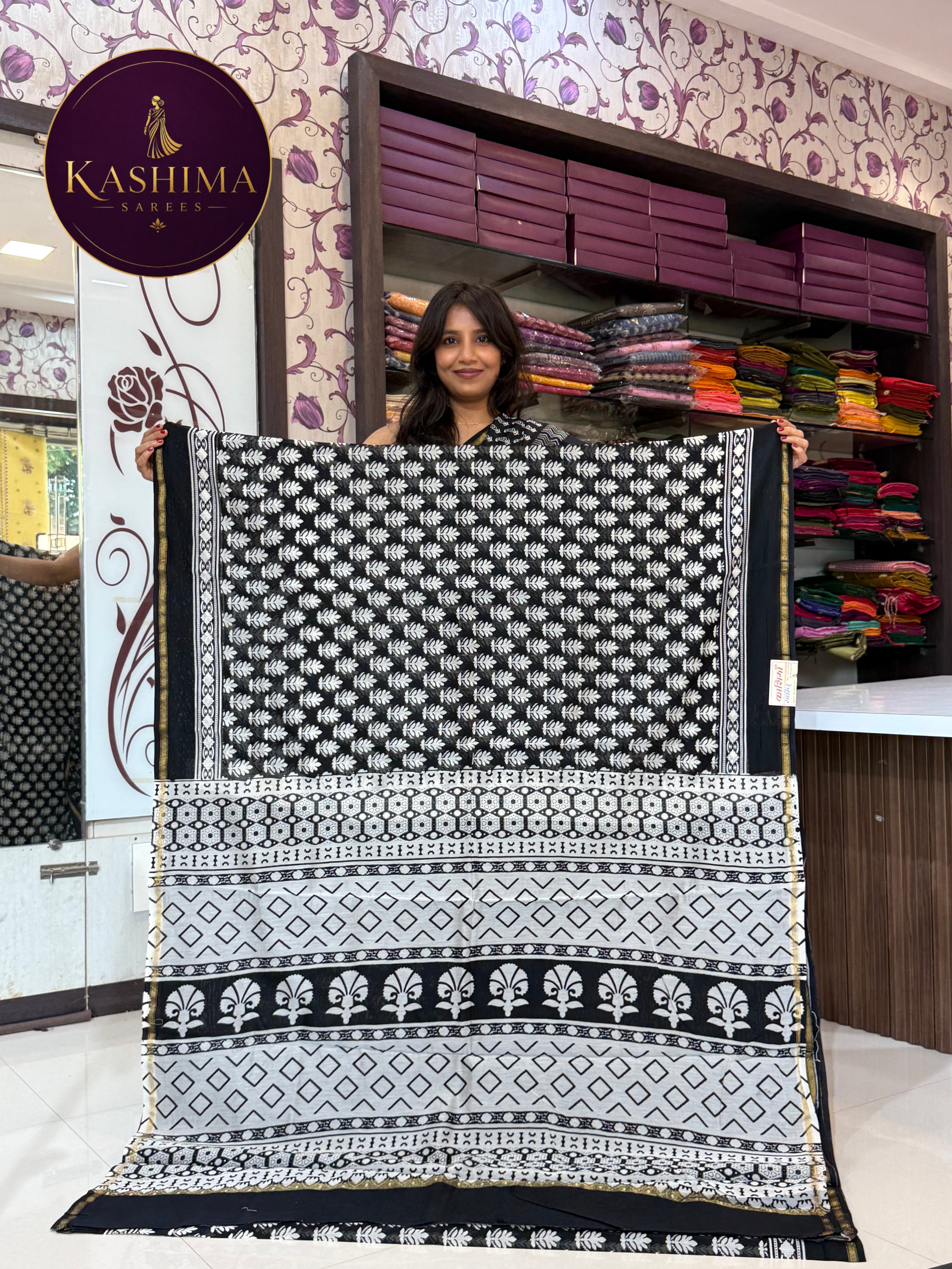 Black & White Hand Block Print Saree
