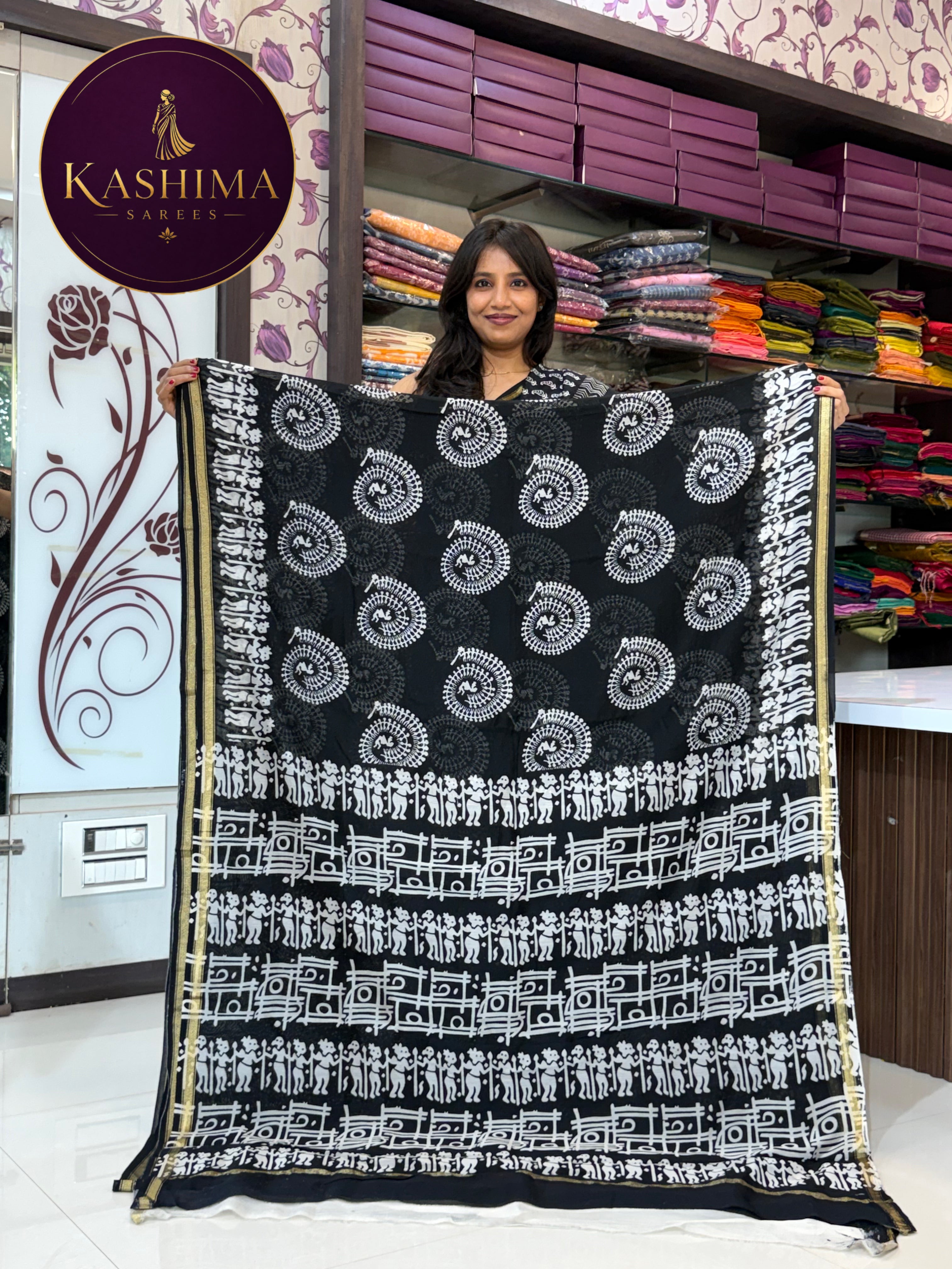Black & White Hand Block Print Saree