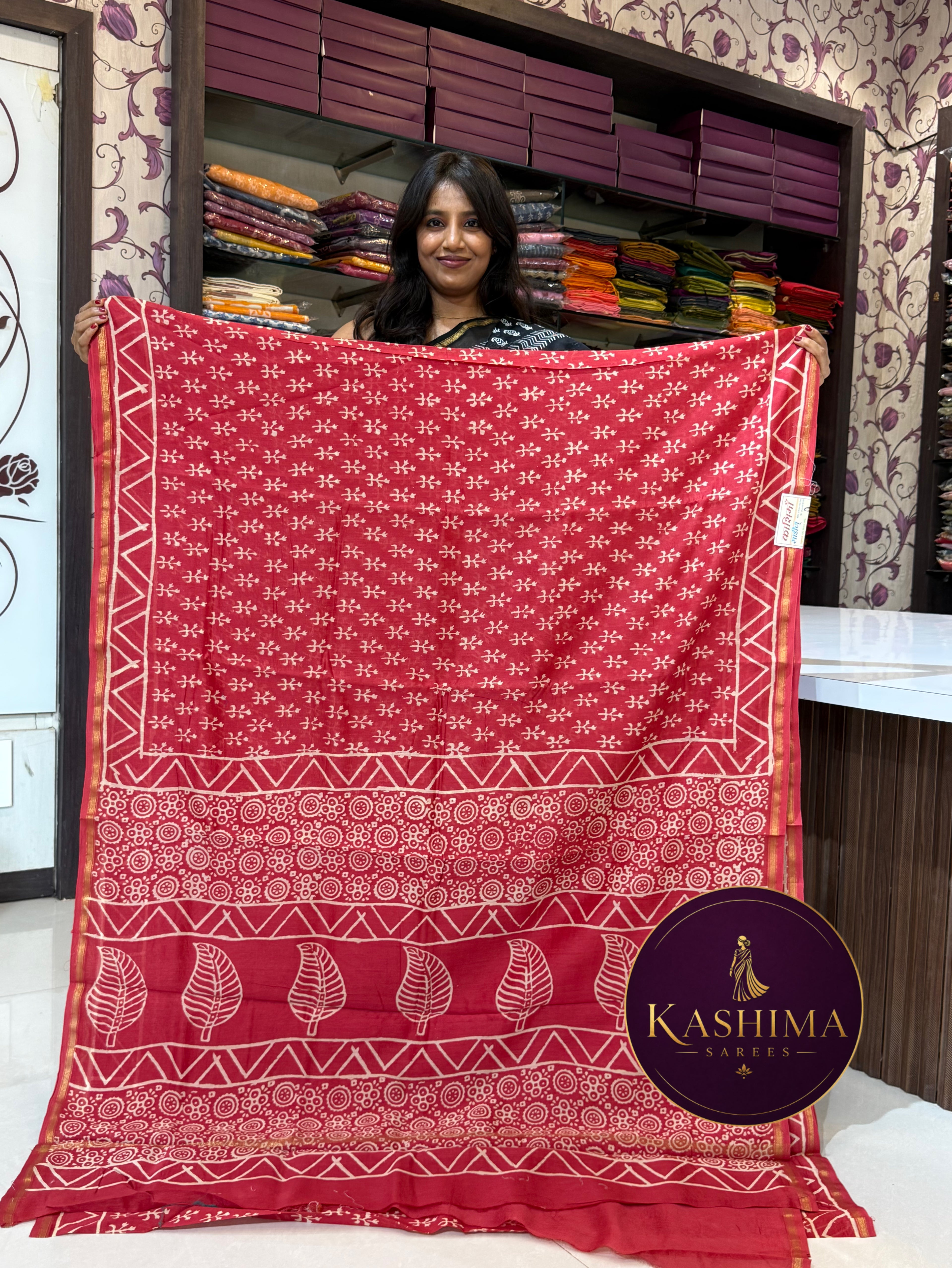 Vibrant Handblock Print Maheshwari Handloom Saree