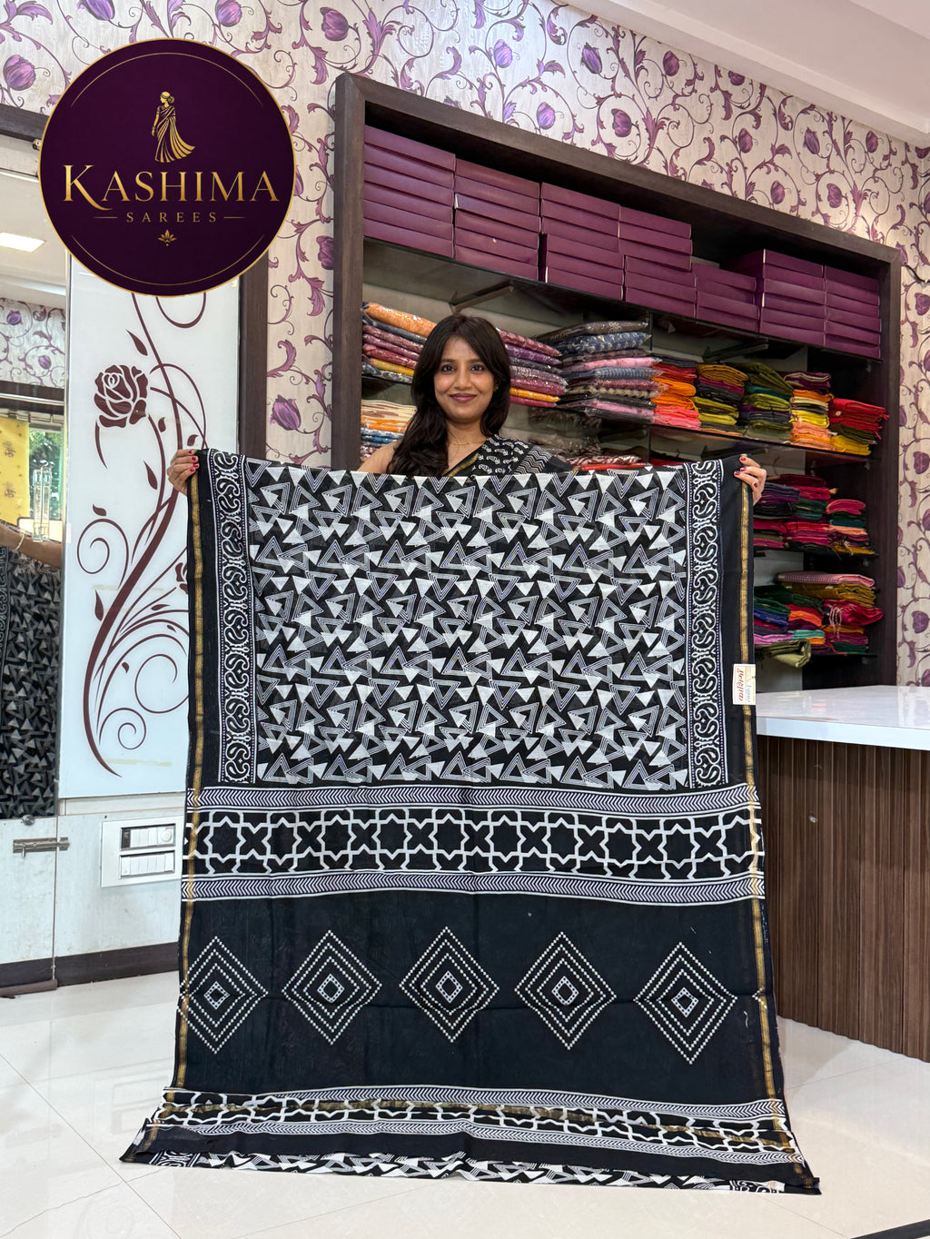 Black & White Hand Block Print Saree