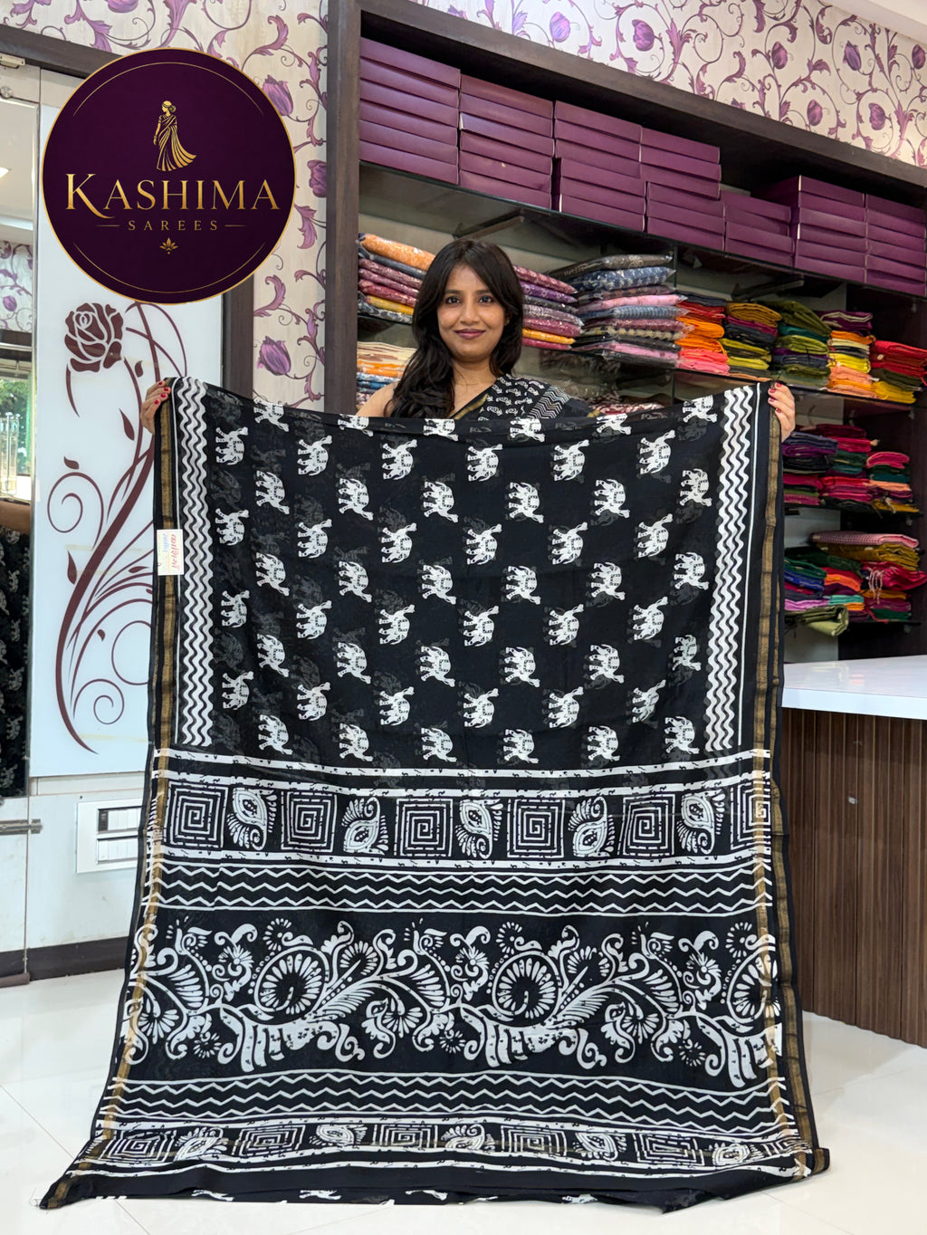 Black & White Hand Block Print Saree