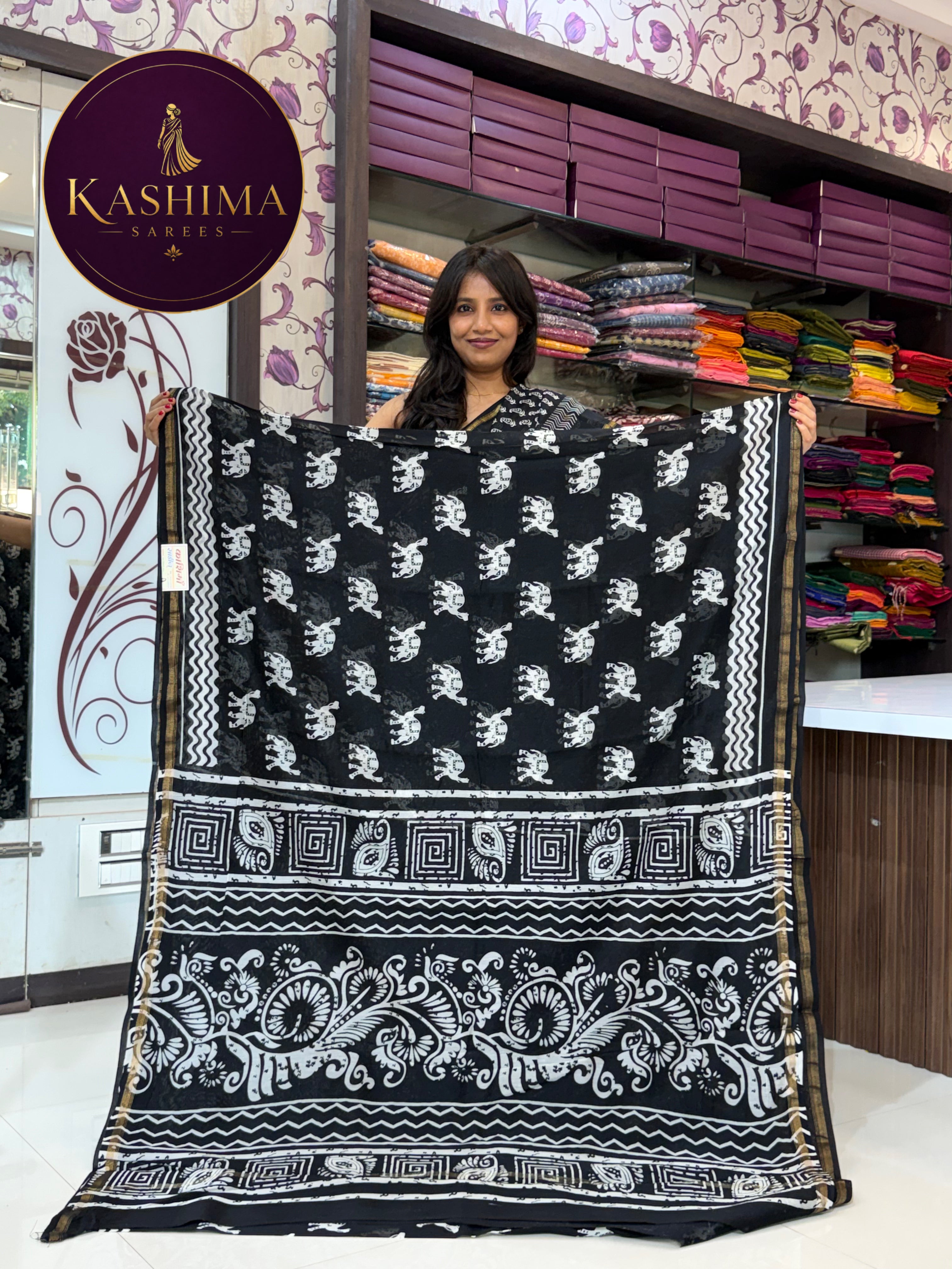 Black & White Hand Block Print Saree