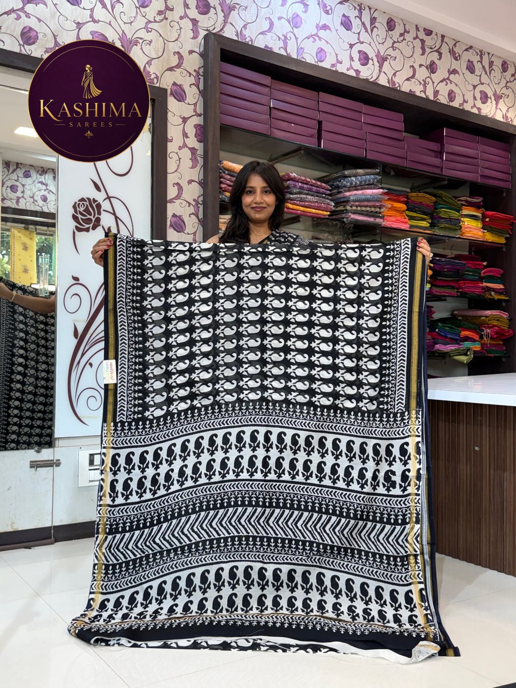 Black & White Hand Block Print Saree