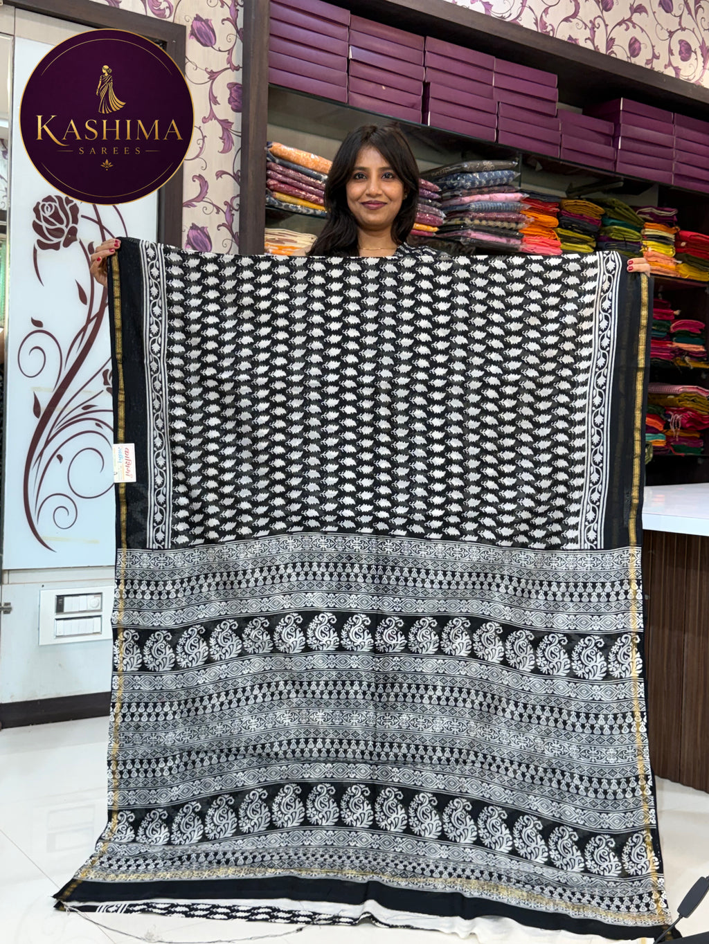 Black & White Hand Block Print Saree